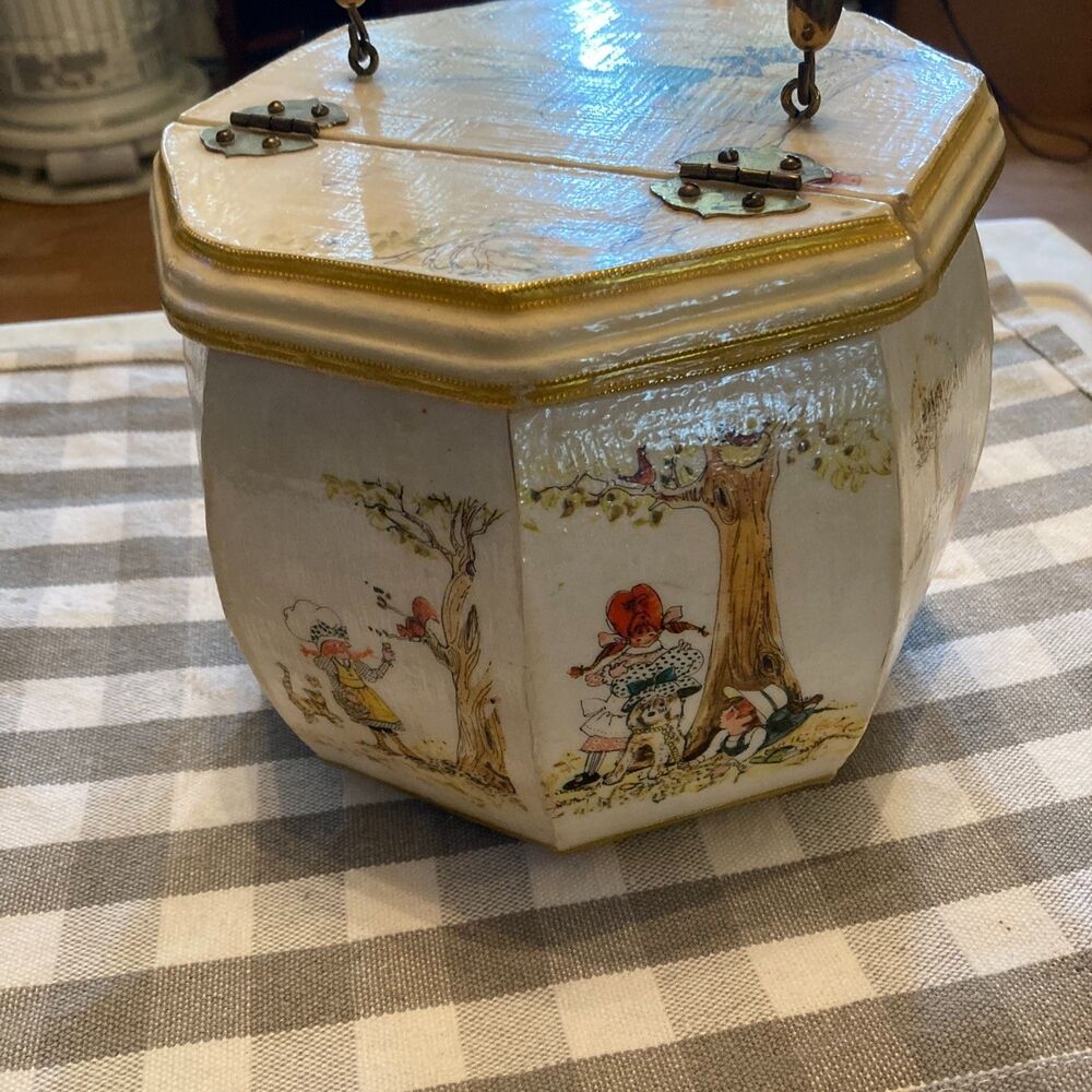 Vtg Judith MerriL Wood Purse Decoupage Children Playing 60's Prothrombin Style - Picture 6 of 12